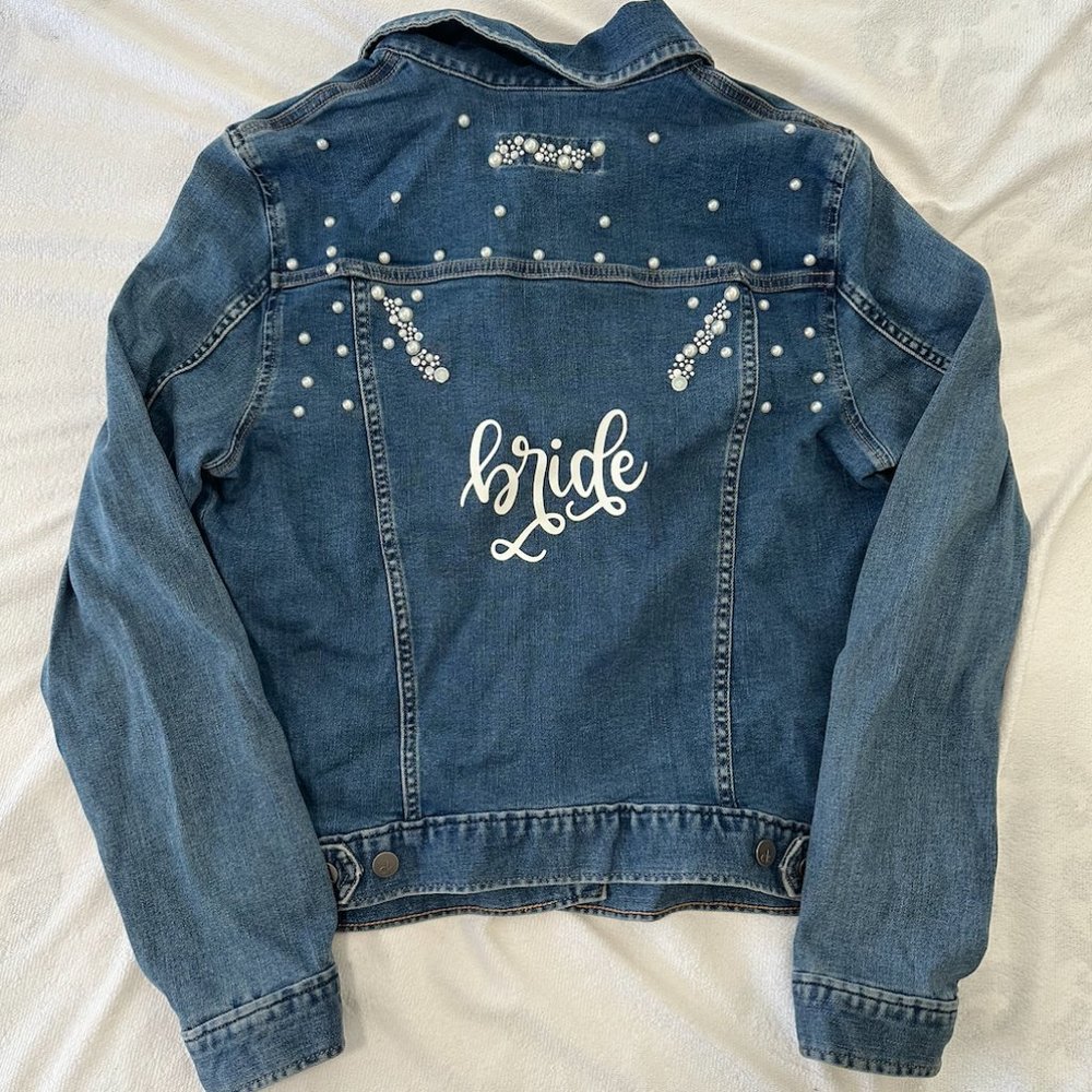 Size L - Calvin Klein Jean Jacket - BRIDAL w/ "Bride" on the back w/ pearls